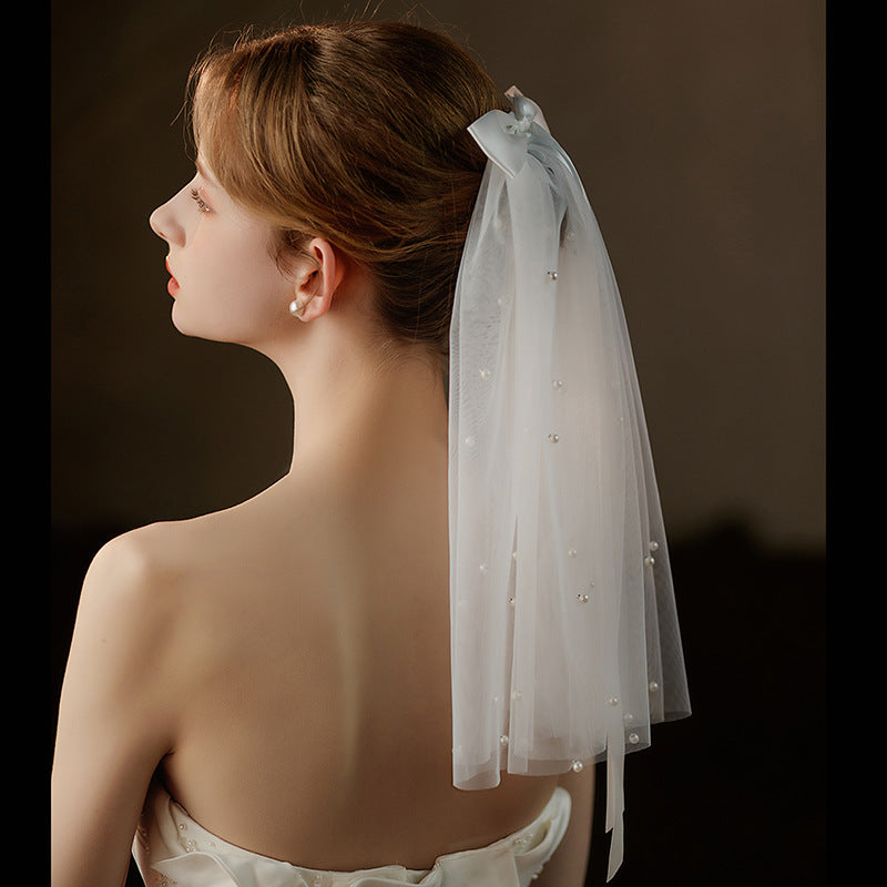 Vintage Double Layer Bridal Veil with Pearl Accents Short Length Yarn Material