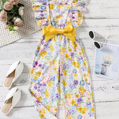 Girls Floral Print Ruffle Sleeve Rompers Comfortable Jumpsuit