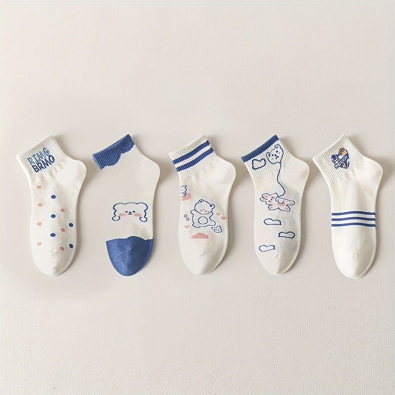 5 Pairs Cartoon Animal Print Short Socks for Women