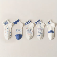 5 Pairs Cartoon Animal Print Short Socks for Women