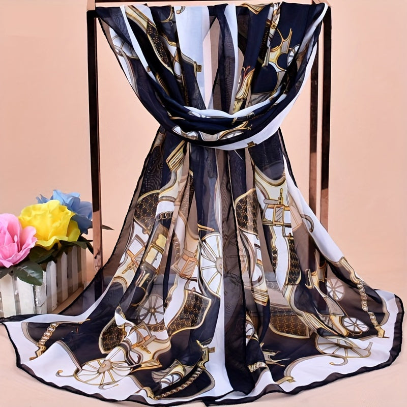 Vintage Thin Chiffon Scarf with Carriage Print Shawl