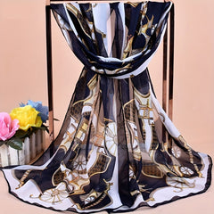 Vintage Thin Chiffon Scarf with Carriage Print Shawl