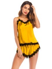 Lace Trim Satin Pajama Set V Neck Cami Top & Elastic Waistband Shorts