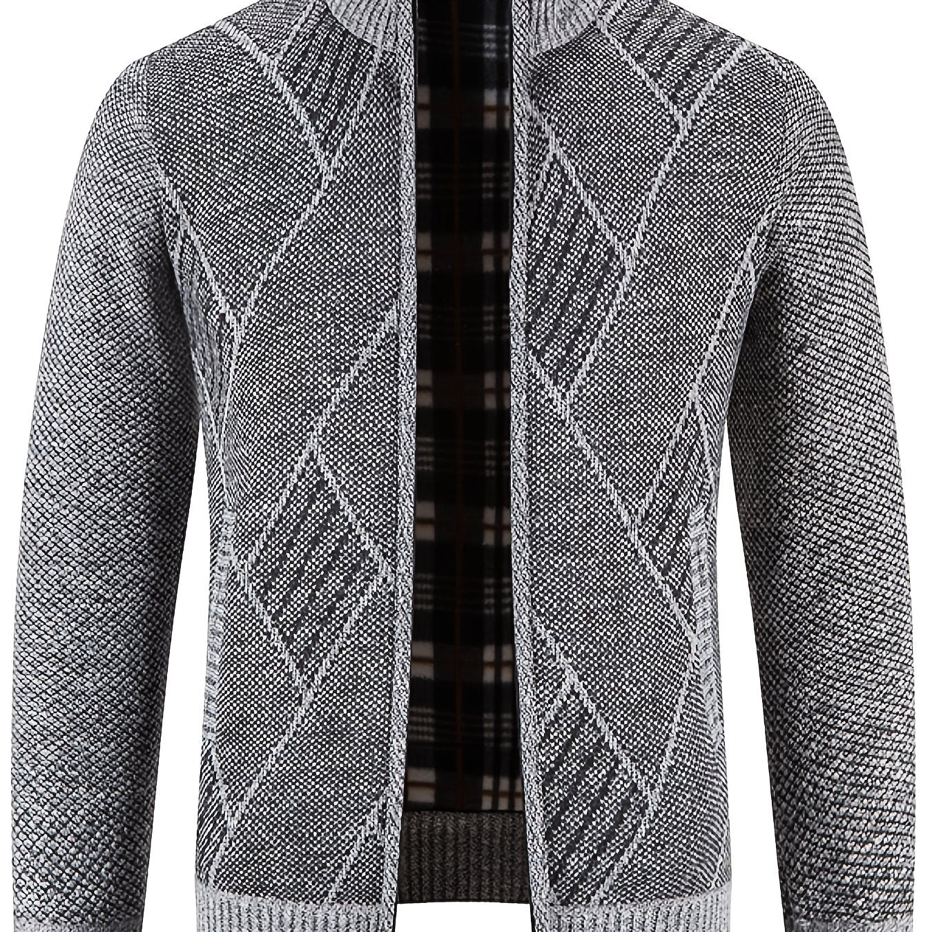 Men's Knit Zip Up Cardigan Plush Warm Stand Collar Diamond Plaid
