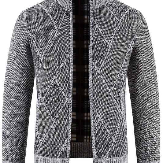 Men's Knit Zip Up Cardigan Plush Warm Stand Collar Diamond Plaid