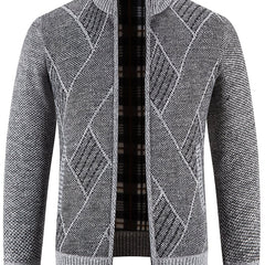 Men's Knit Zip Up Cardigan Plush Warm Stand Collar Diamond Plaid