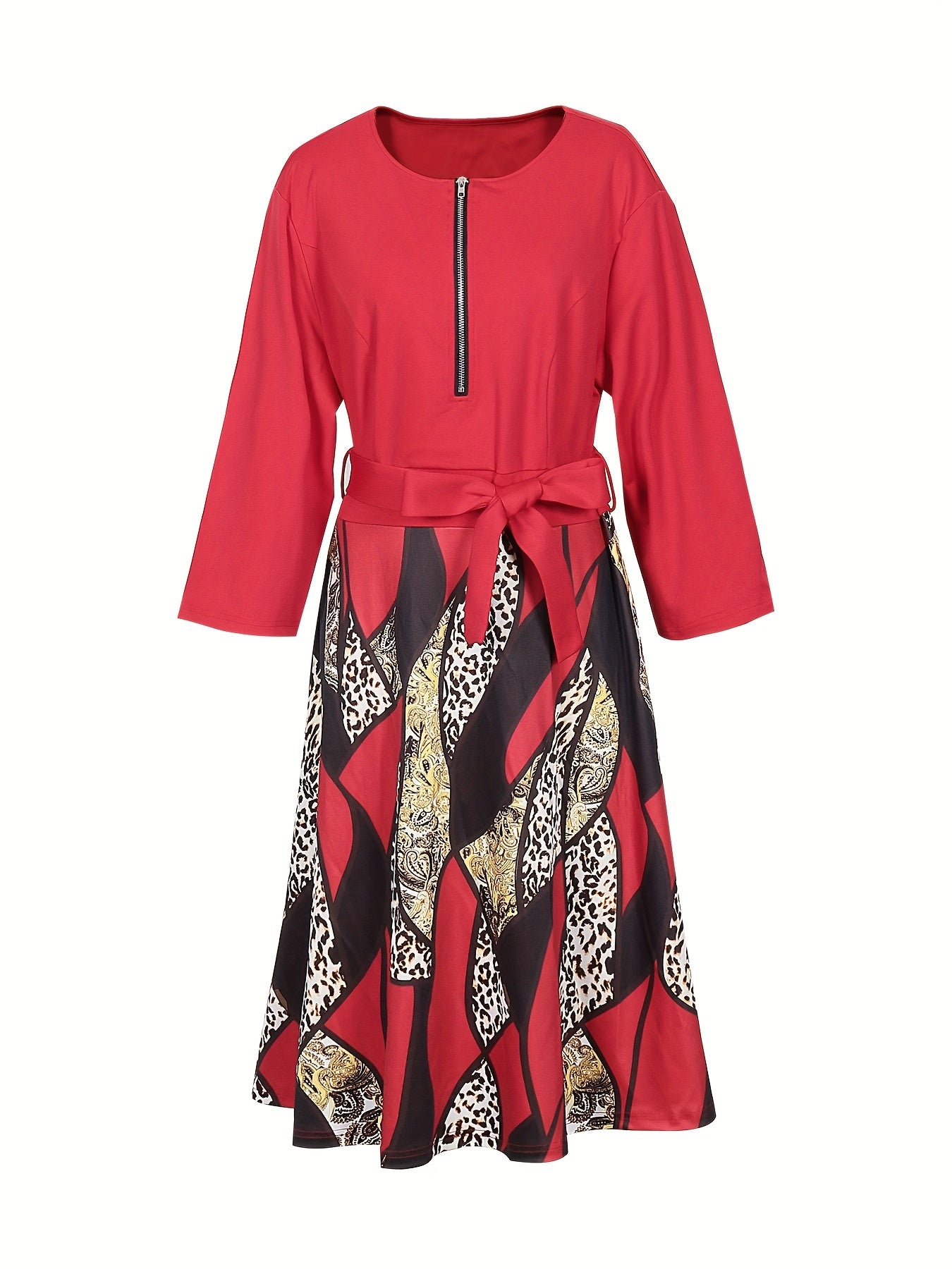Casual Leopard Print Dress Long Sleeve Round Neck Zipper Pockets Belt