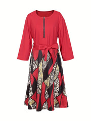 Casual Leopard Print Dress Long Sleeve Round Neck Zipper Pockets Belt