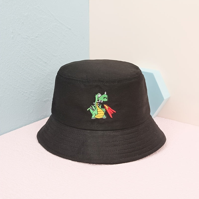Dinosaur Embroidery Bucket Hat Solid Casual Summer Sunscreen Fisherman Cap