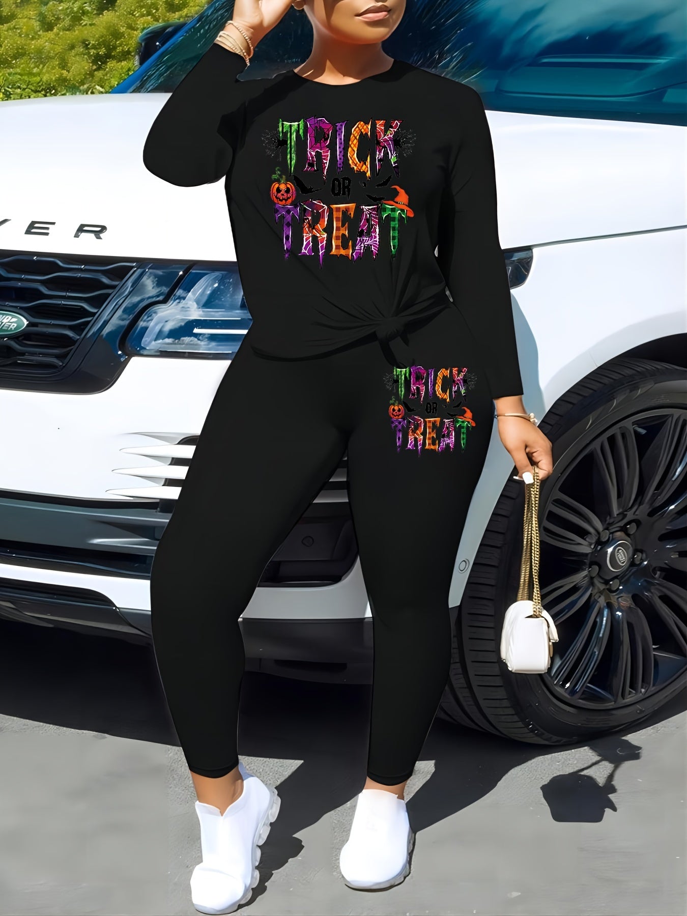 Women's Plus Pumpkin & Letter Print Tee & Legging Outfits Set