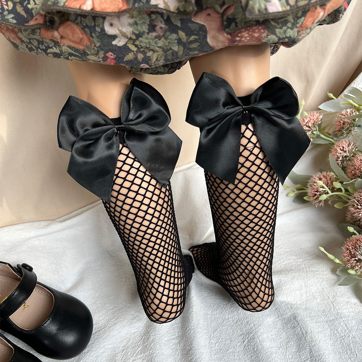 Girls Fishnet Socks with Bow Accent, Breathable Over the Calf Socks