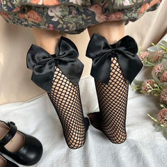 Girls Fishnet Socks with Bow Accent, Breathable Over the Calf Socks