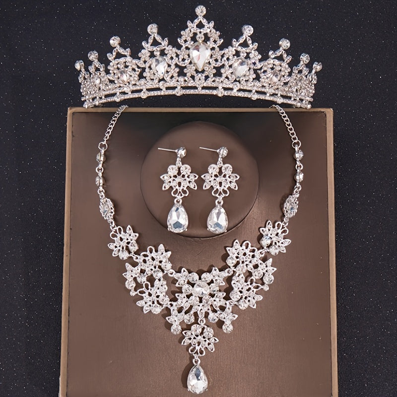 Baroque Silver Crystal Bridal Jewelry Sets Tiara Crown Earrings Necklace Set