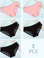 5pcs Lace Stitching Briefs Comfy & Breathable Semi-sheer Panties