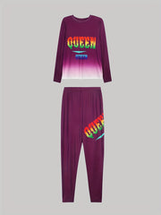 Letter Print Matching Set Long Sleeve Tee & Skinny Pants