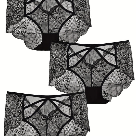 3pk Plus Size Lace Mid Waist Semi Sheer Panties