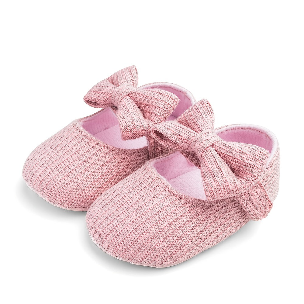 Baby Girls Knitted Shoes With Bow Soft Sole Non slip Slip on Walking Shoes