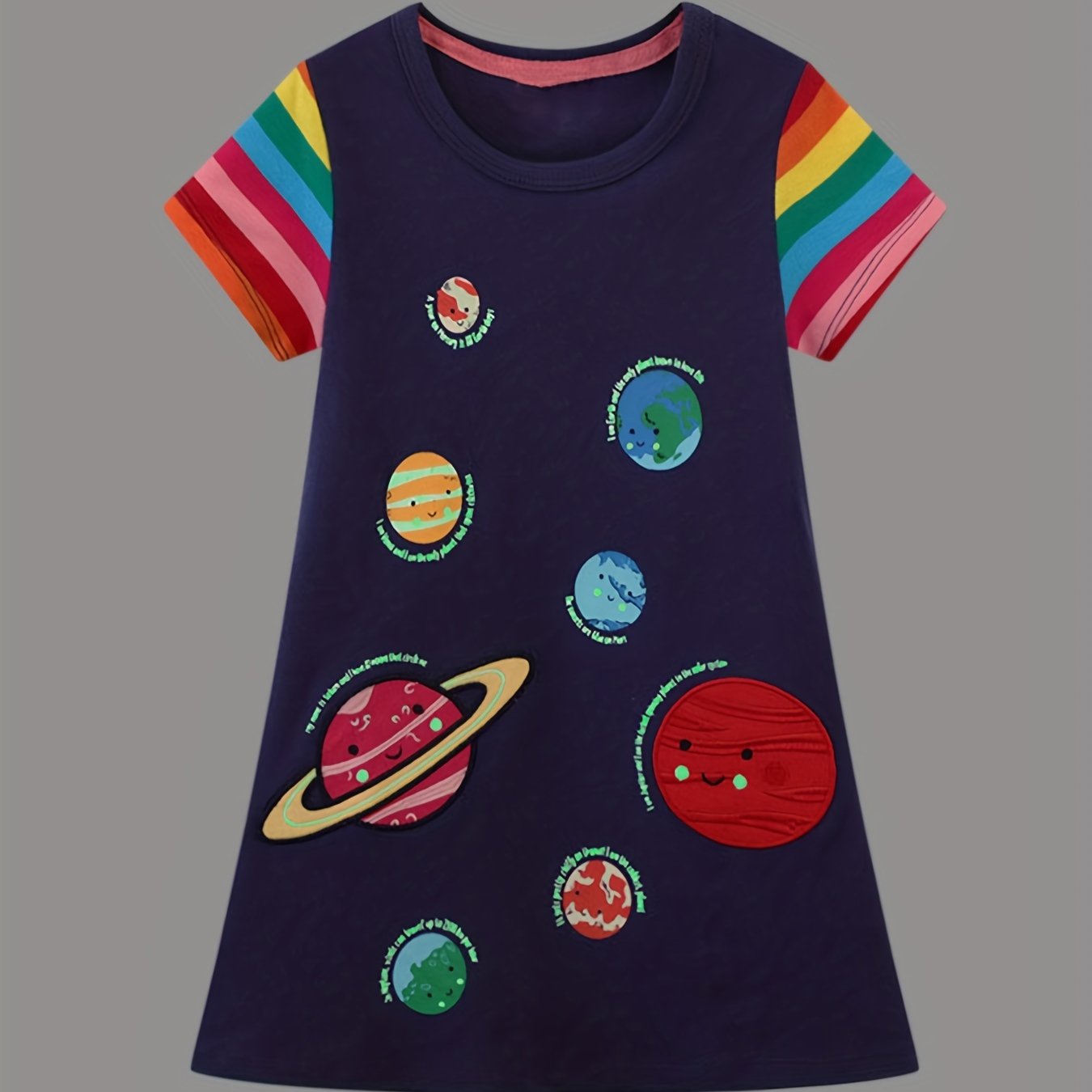 Toddler Girls Rainbow Stripes Dress with Cartoon Space Planet Embroidery