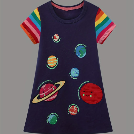 Toddler Girls Rainbow Stripes Dress with Cartoon Space Planet Embroidery