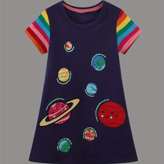 Toddler Girls Rainbow Stripes Dress with Cartoon Space Planet Embroidery