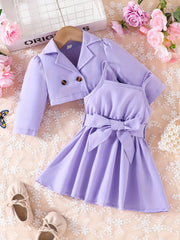 Baby Girl's 2pcs Set Lapel Long Sleeve Coat Belted Suspender Skirt Party Outfit