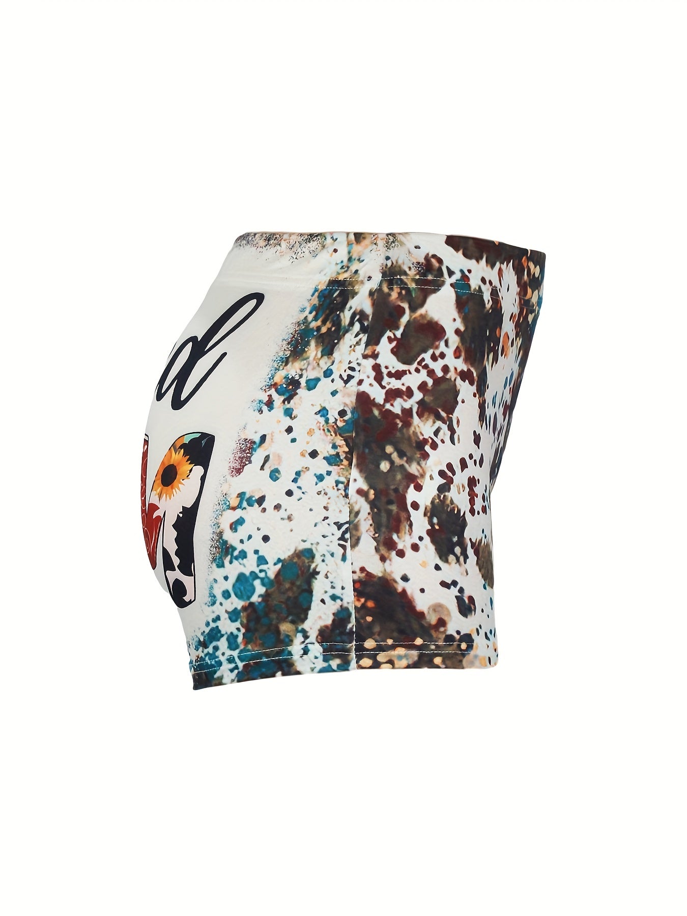 Sunflower & Art Letter Print High Rise Stretch Shorts