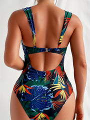 Leaf Print Deep V Neck One Piece Swimsuit for Women