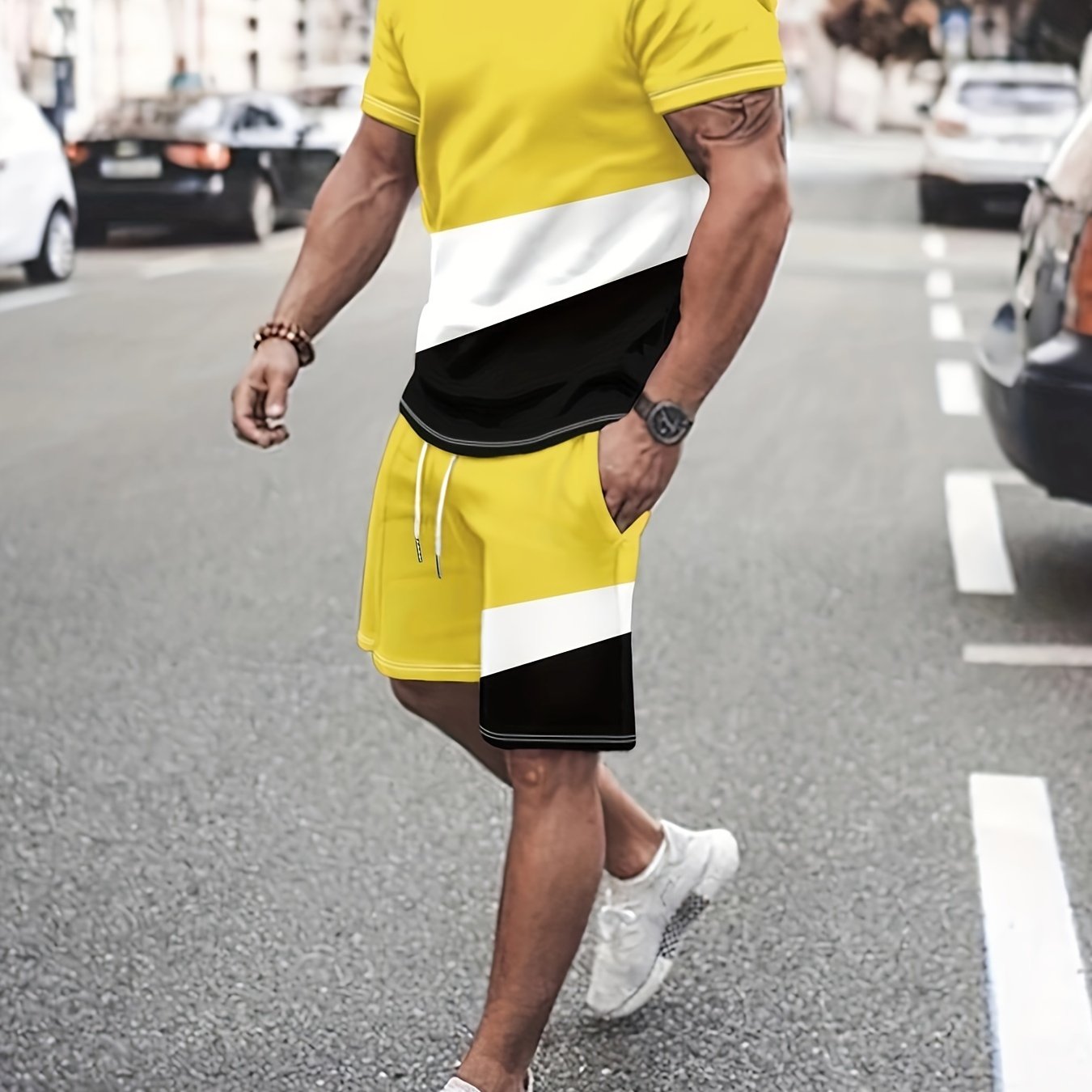 Men's 2Pcs Casual Crew Neck T-shirt & Drawstring Shorts Set
