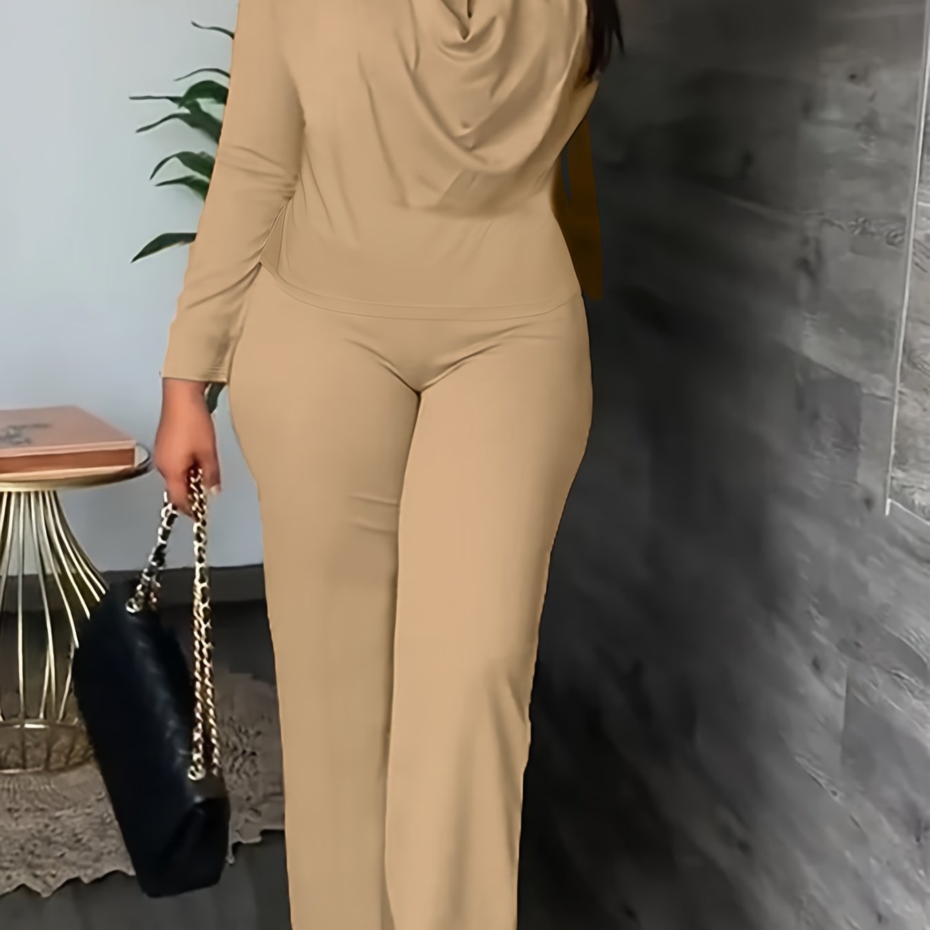 Solid Draped Front Button Up Mock Neck Top & Pants Set