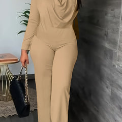 Solid Draped Front Button Up Mock Neck Top & Pants Set