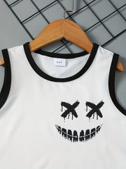 Boys Face Graphic Sleeveless Vest & Shorts Set