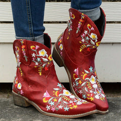 Retro Floral Embroidered Western Boots Pointed Toe Slip On Cowgirl Short Boots