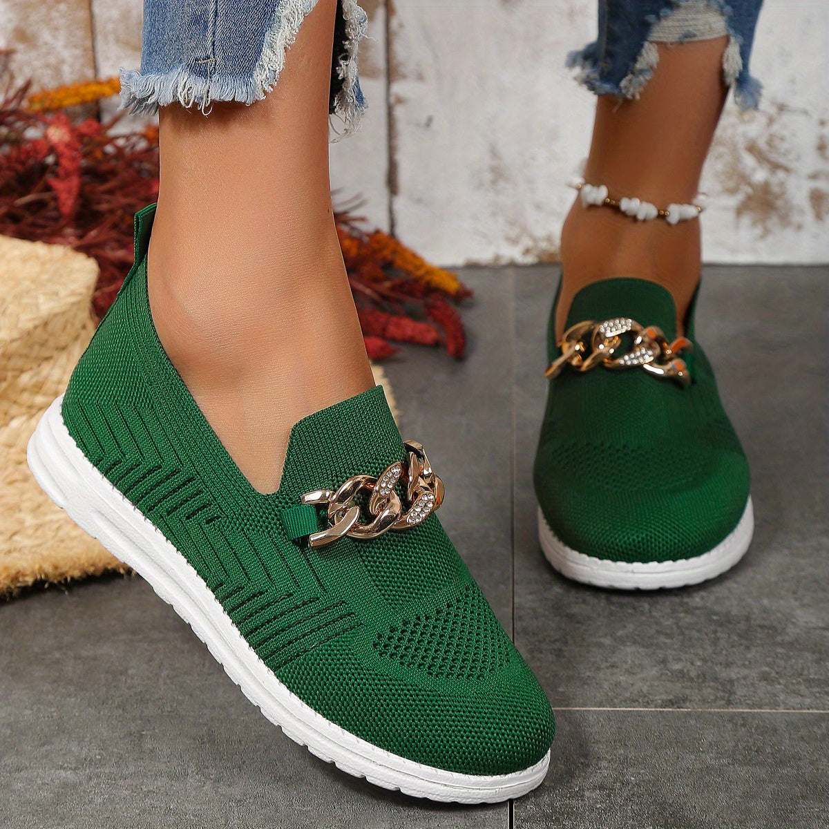 Women's Chain Decor Mesh Slip On Flatform Shoes Lightweight Walking Shoes