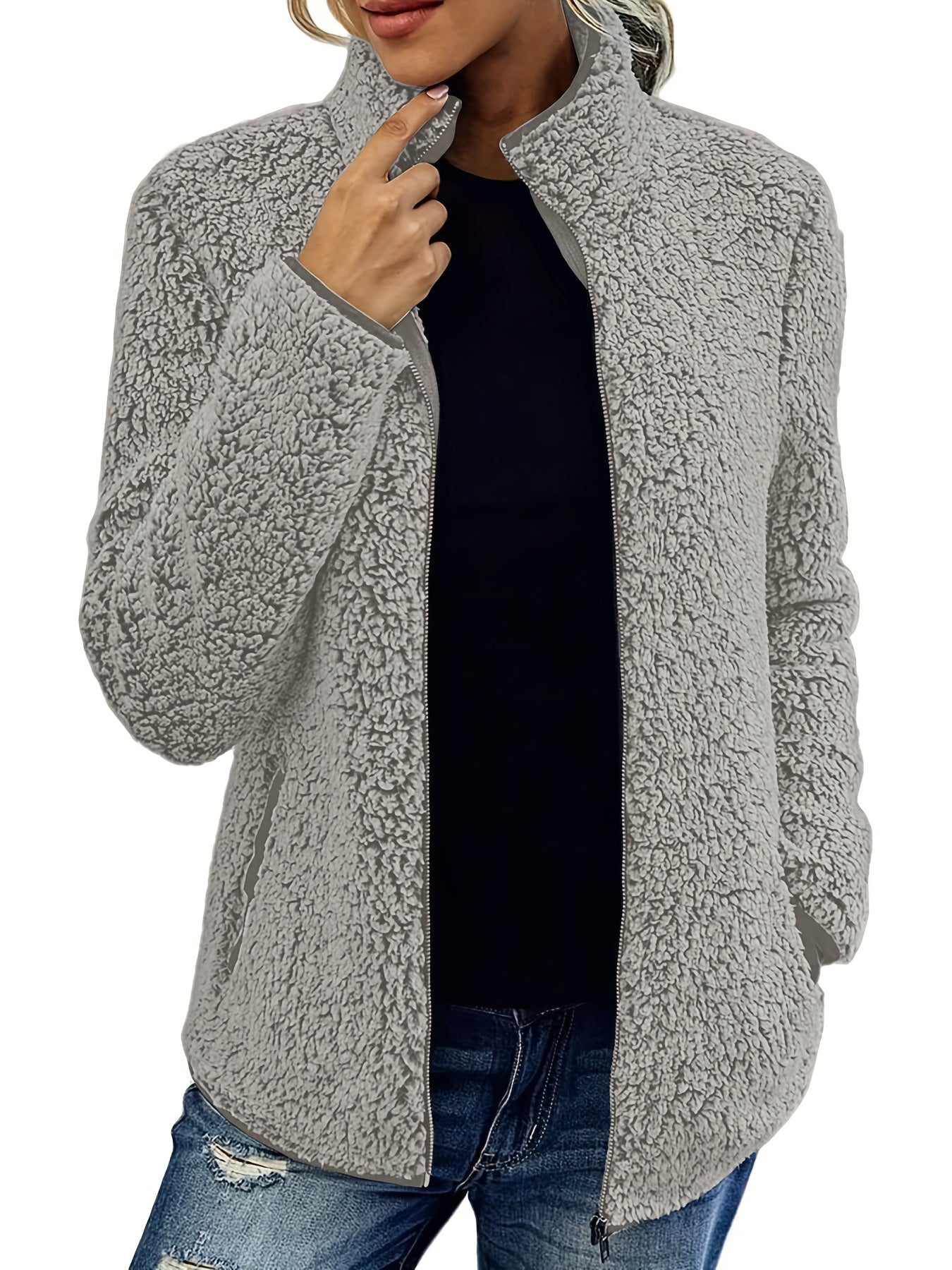 Solid Teddy Jacket Stand Collar Warm Outerwear Women's Clothing