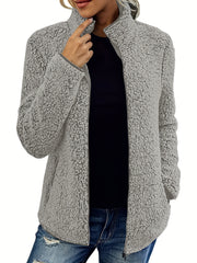 Solid Teddy Jacket Stand Collar Warm Outerwear Women's Clothing