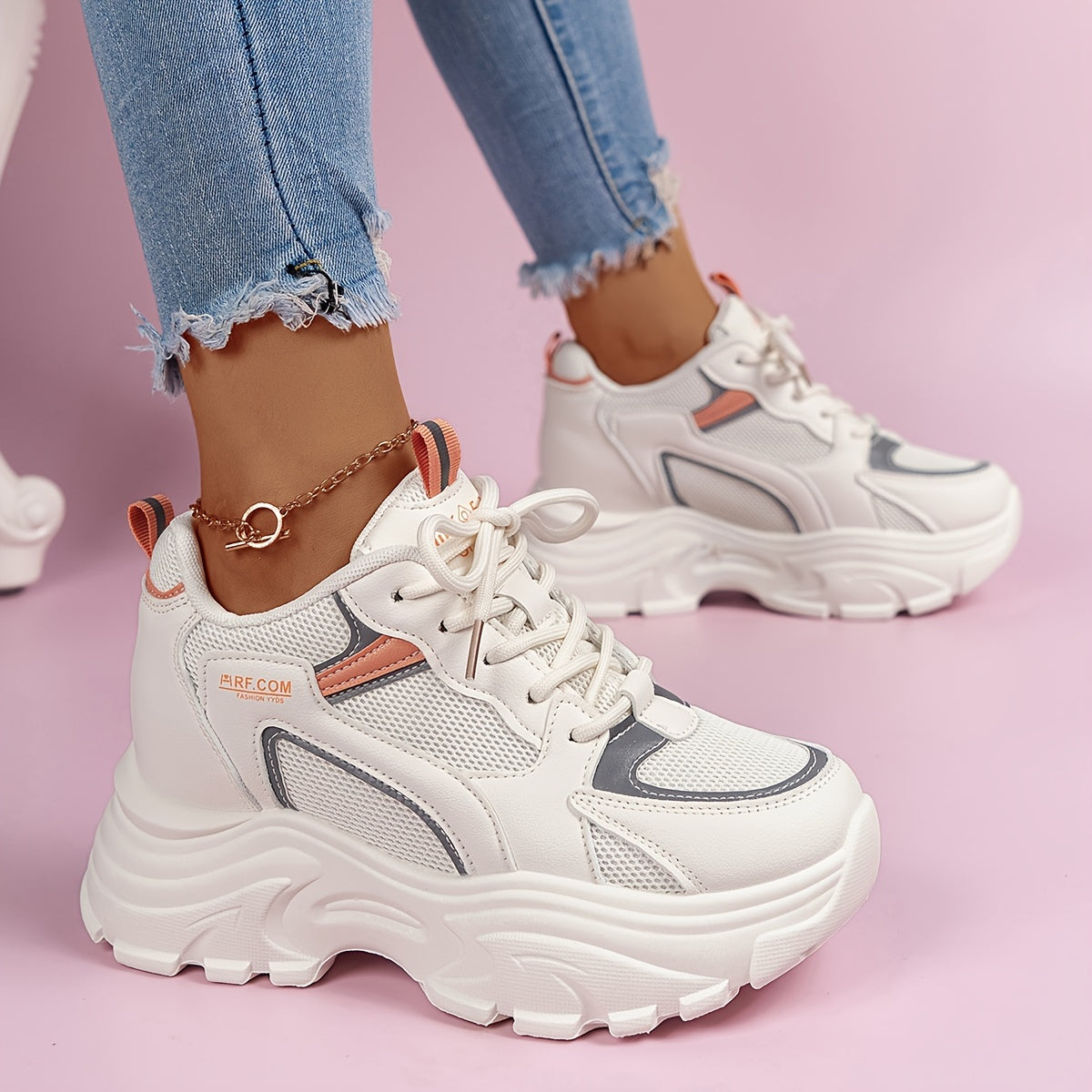 Women's Chunky Mesh Dad Shoes Lace Up Platform Sneakers