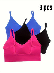 3pcs Solid Ribbed Sports Bras Stretch Intimates Bra Women's Lingerie