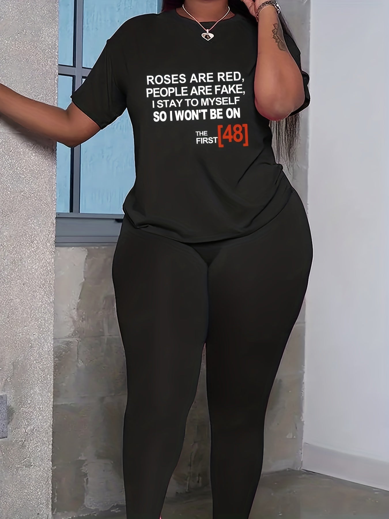 Slogan Print Tee & Leggings 2 Piece Set