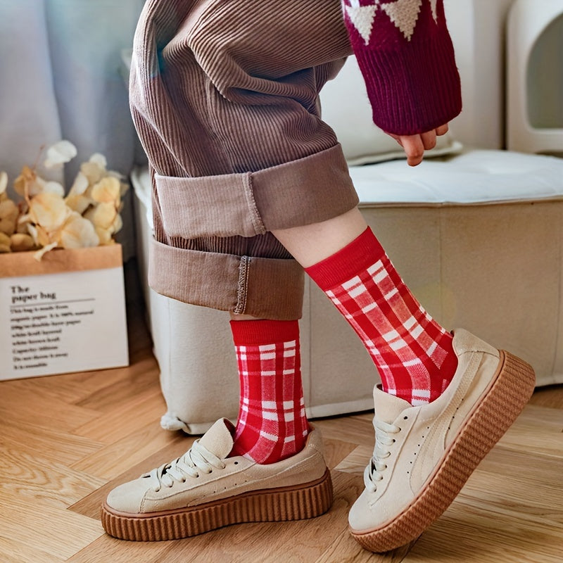 5 Pairs Polka Dot & Plaid Socks Comfy & Breathable Christmas Stockings