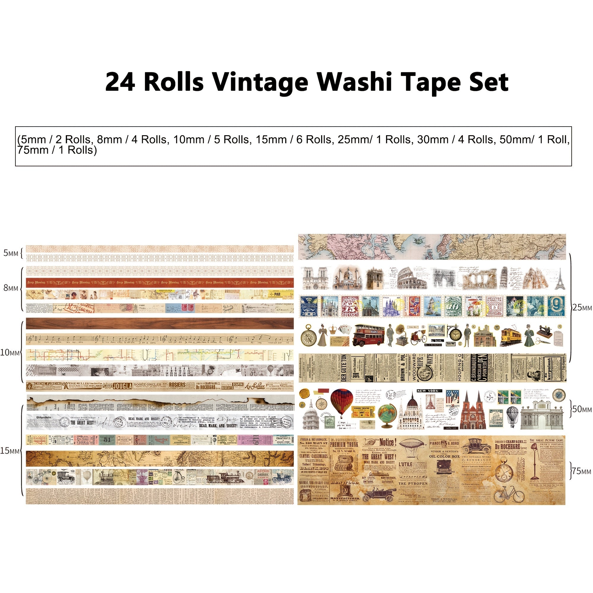 Vintage Washi Tape Set Antique Car Buildings Map Stripe Writable Washy Tapes