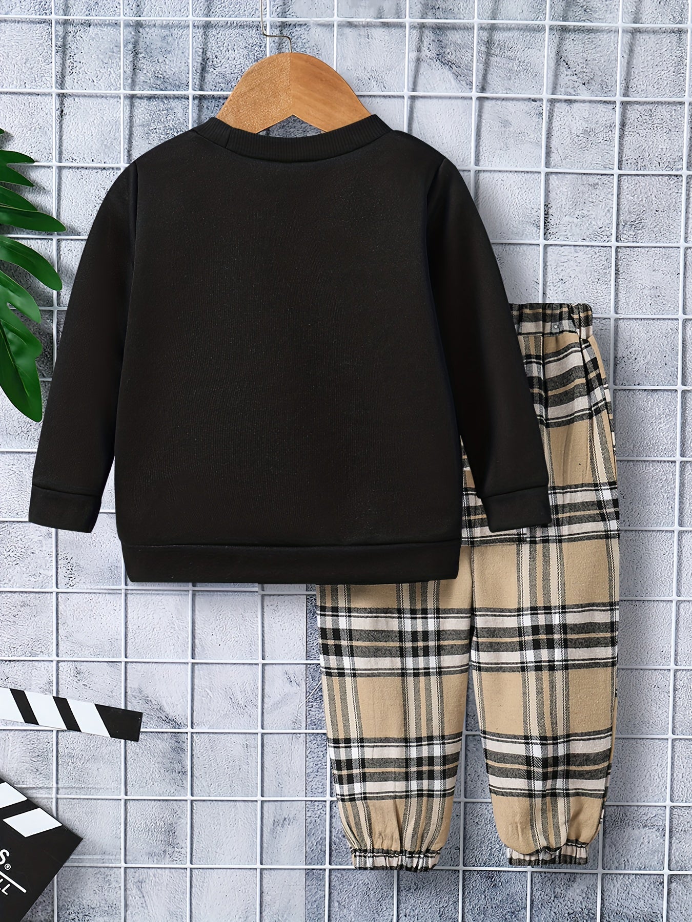Baby Boys Cartoon Bear Tops Plaid Trousers Set Kids Clothes