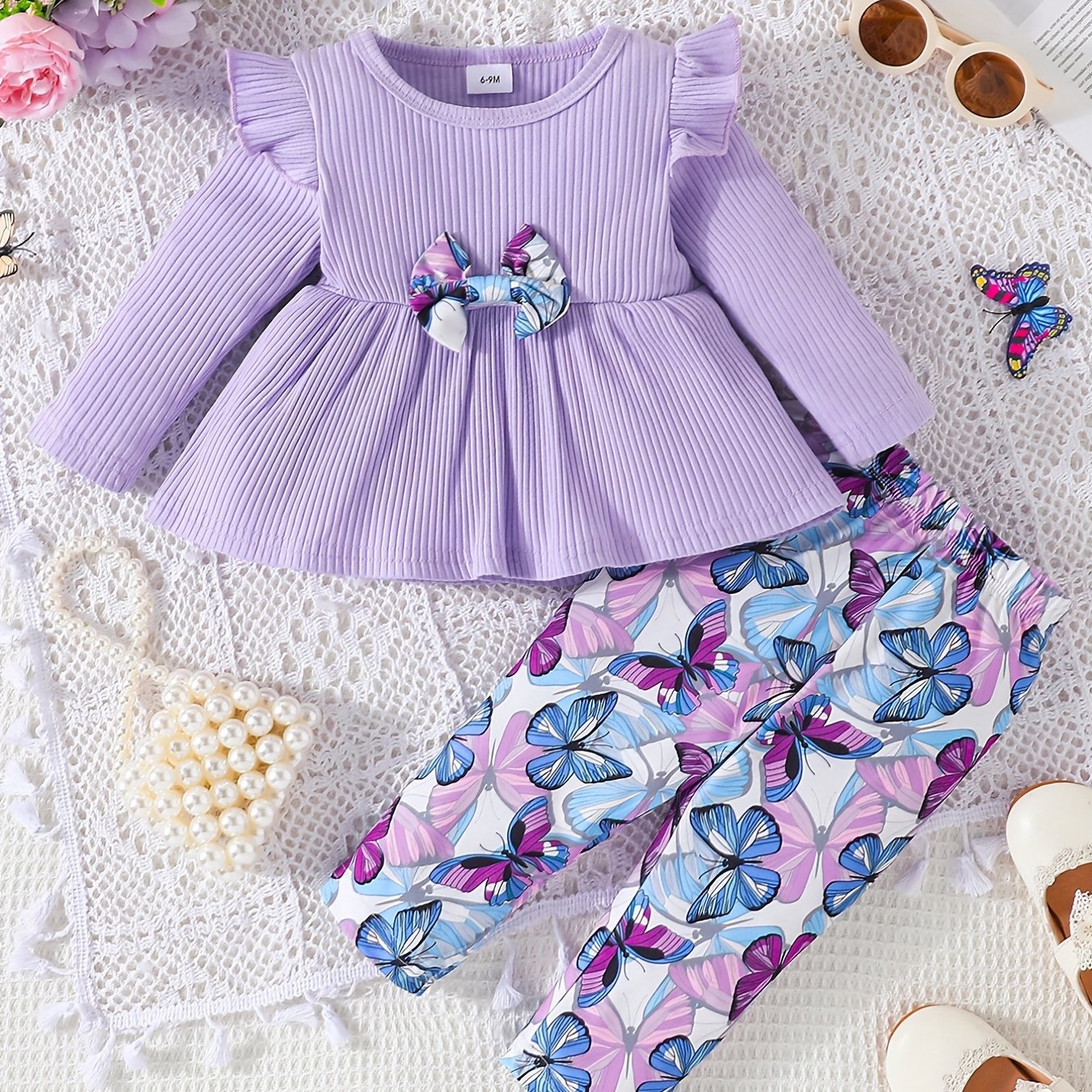 2pcs Girls Bowknot Top Butterfly Print Pants Set
