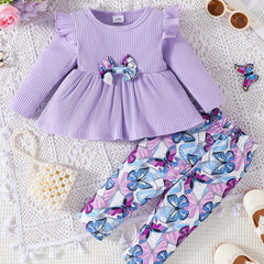 2pcs Girls Bowknot Top Butterfly Print Pants Set