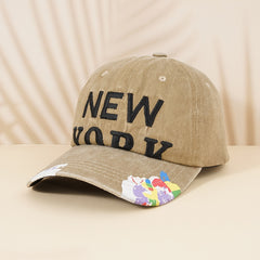 Distressed Baseball Cap York Embroidery Print Adjustable Sun Hat