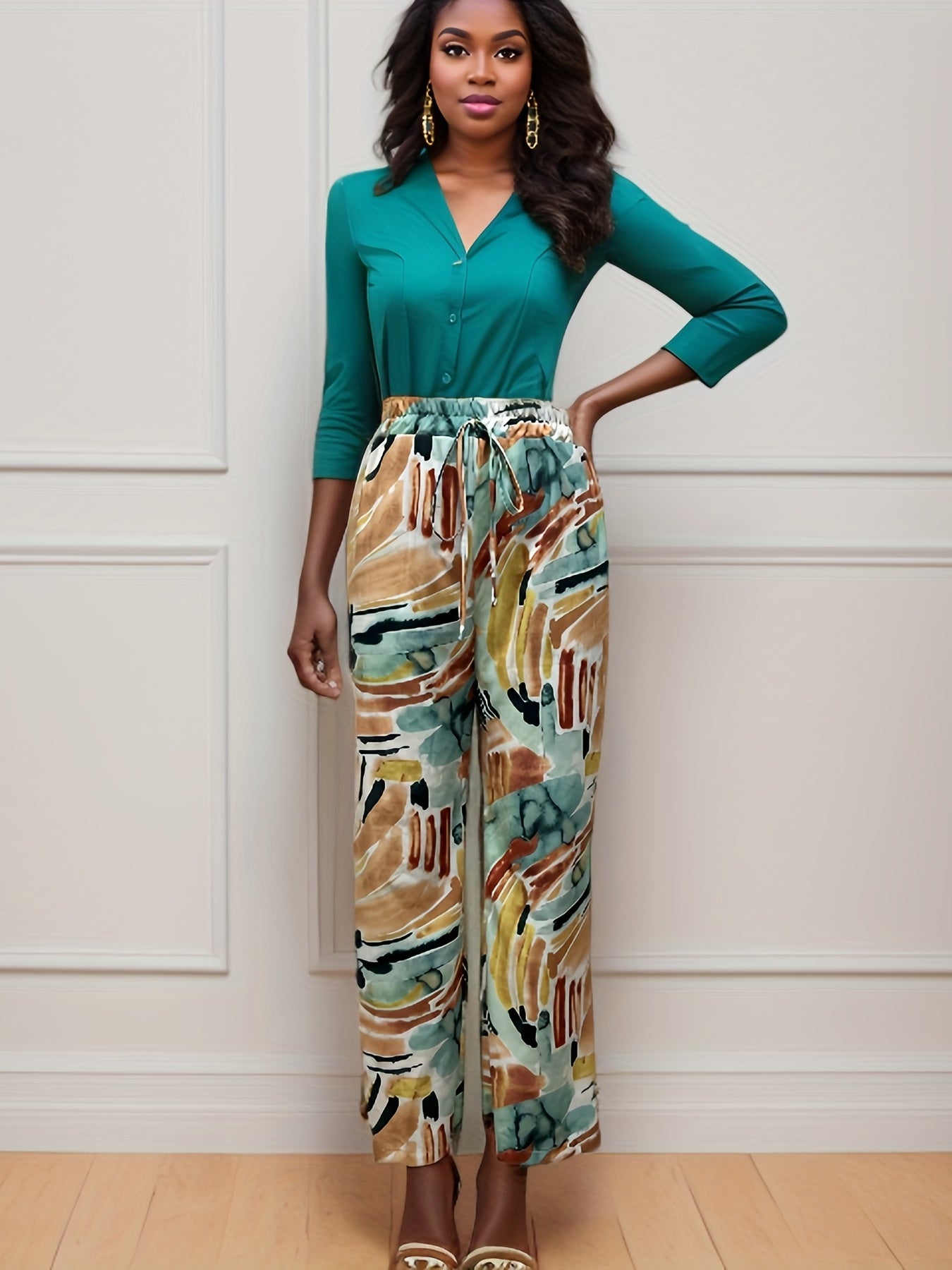 Abstract Print Wide Leg Pants Casual Drawstring Waist Random Print Pants