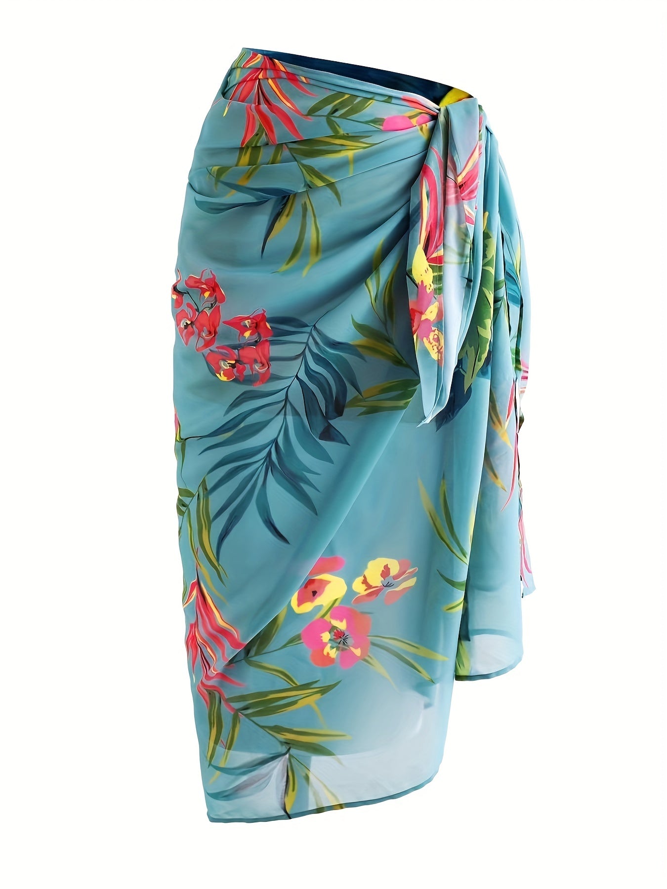 Teal Green Floral Pattern Beachwear Sarong Swim Cover Up Skirt