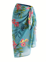 Teal Green Floral Pattern Beachwear Sarong Swim Cover Up Skirt