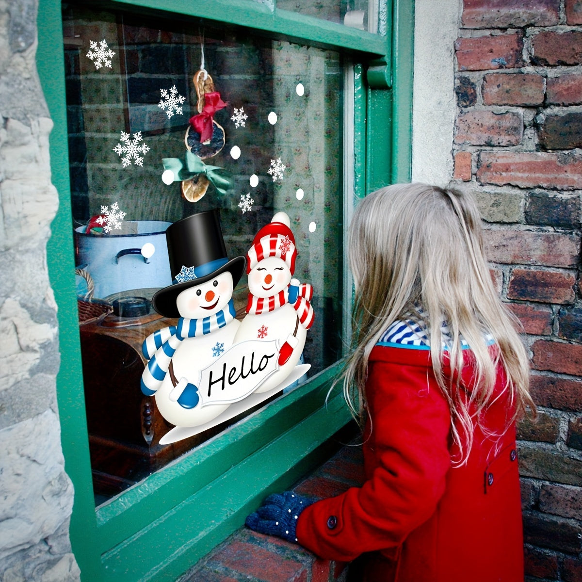 Christmas Two Snowmen Hello Wall Stickers Double Sided Visual Glass Stickers