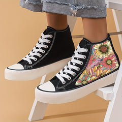 Women's High Top Canvas Shoes with Flower Pattern and Platform Sole