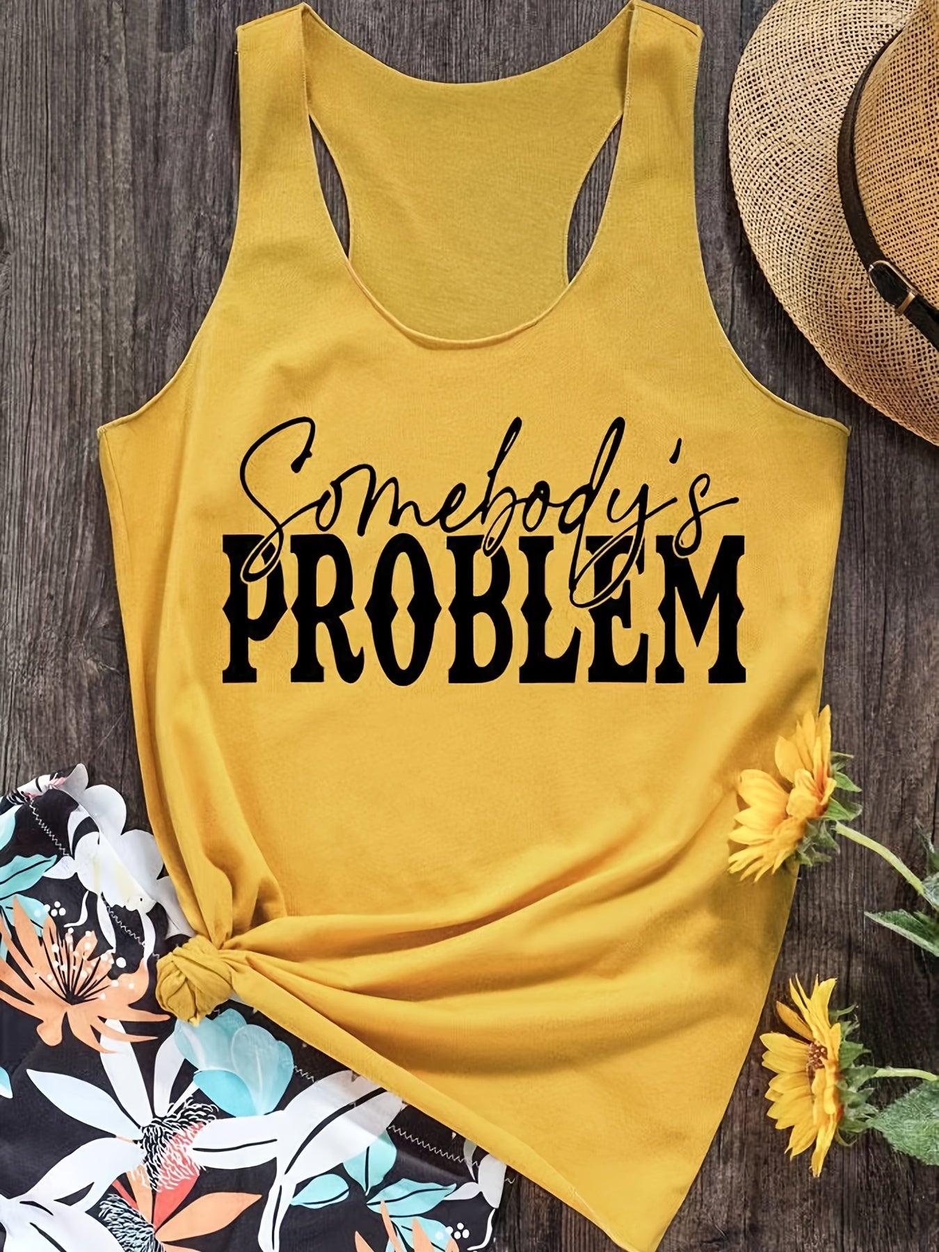 Letter Print Round Neck Tank Top Casual Loose Sleeveless